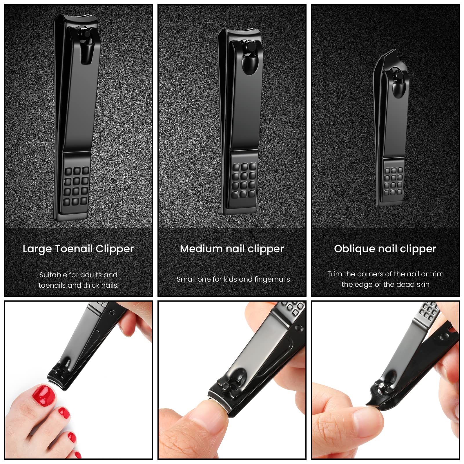 3PCS Professional Nail Clippers Set - Sharp Stainless Steel Toenail & Fingernail Clippers for Thick & Ingrown Nails - Black Travel & Home Manicure Kit for Men & Women - Perfect for Grooming, Pedicures & On-the-Go Nail Care