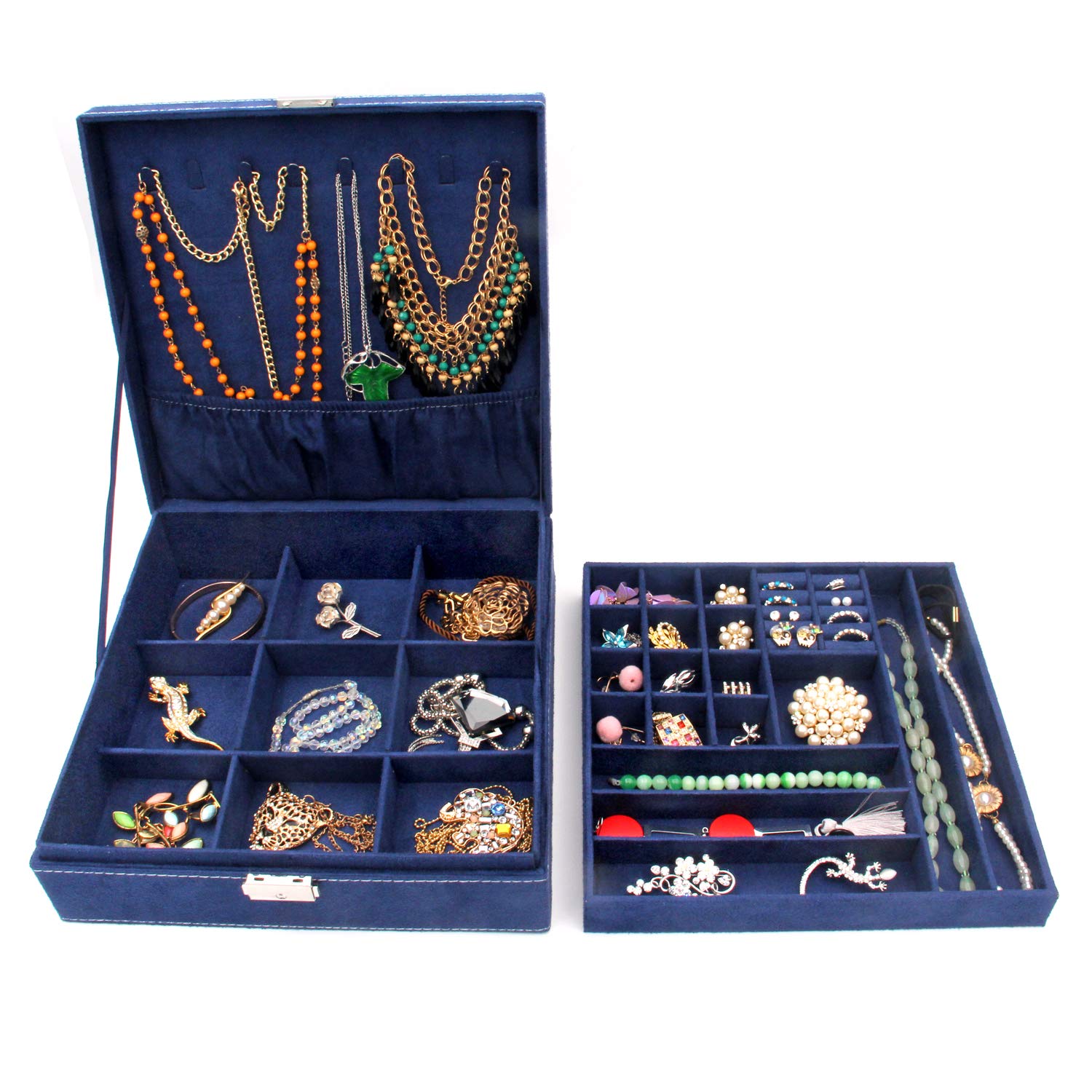 2-Layer Jewelry Organizer Box with Lock - Deep Blue Storage Case for Necklaces, Rings & Earrings | Perfect for Travel, Gift Giving & Home Display