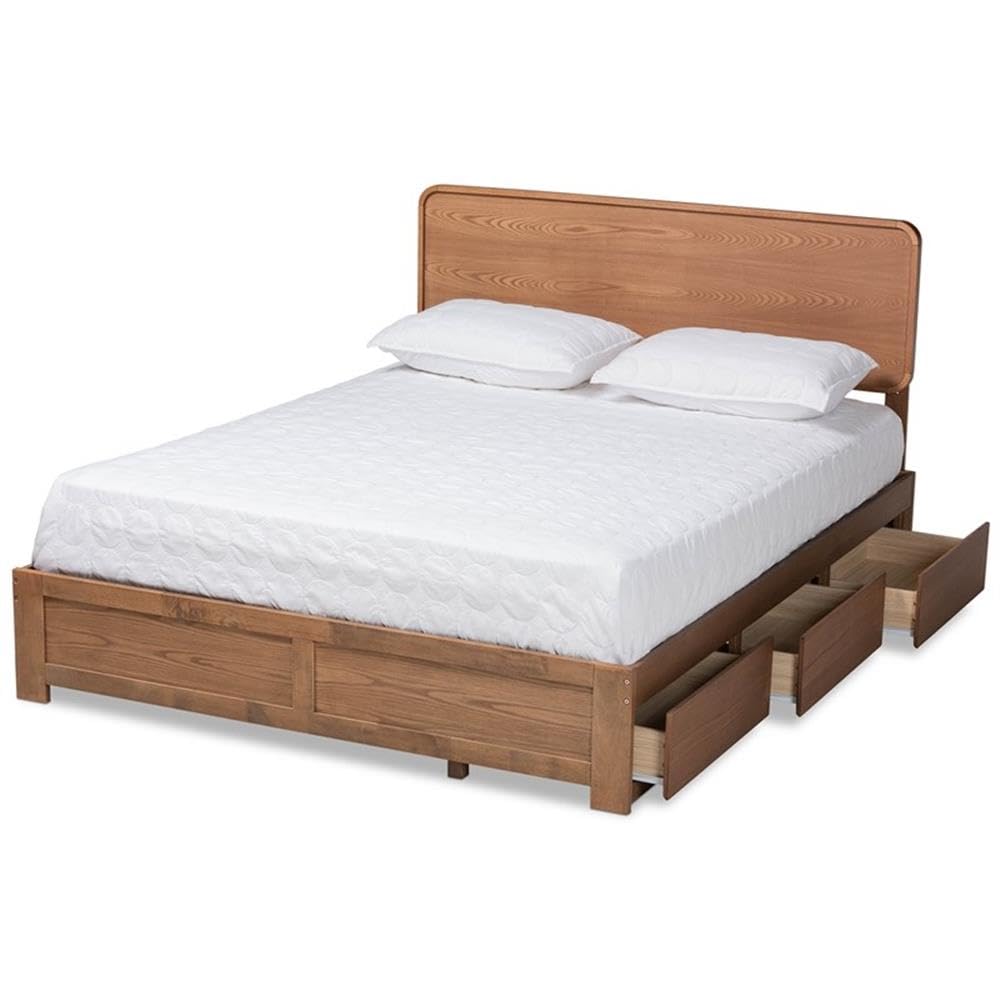 BOWERY HILL Solid Walnut Queen Size Bed Frame with 3 Storage Drawers - Elegant Wooden Platform Bed for Master Bedroom & Guest Room