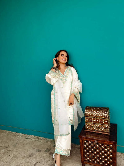 Elegant White Pure Chanderi Blue Sequins Embroidered Salwar Suit Set for Women - Perfect for Weddings, Parties & Festive Occasions
