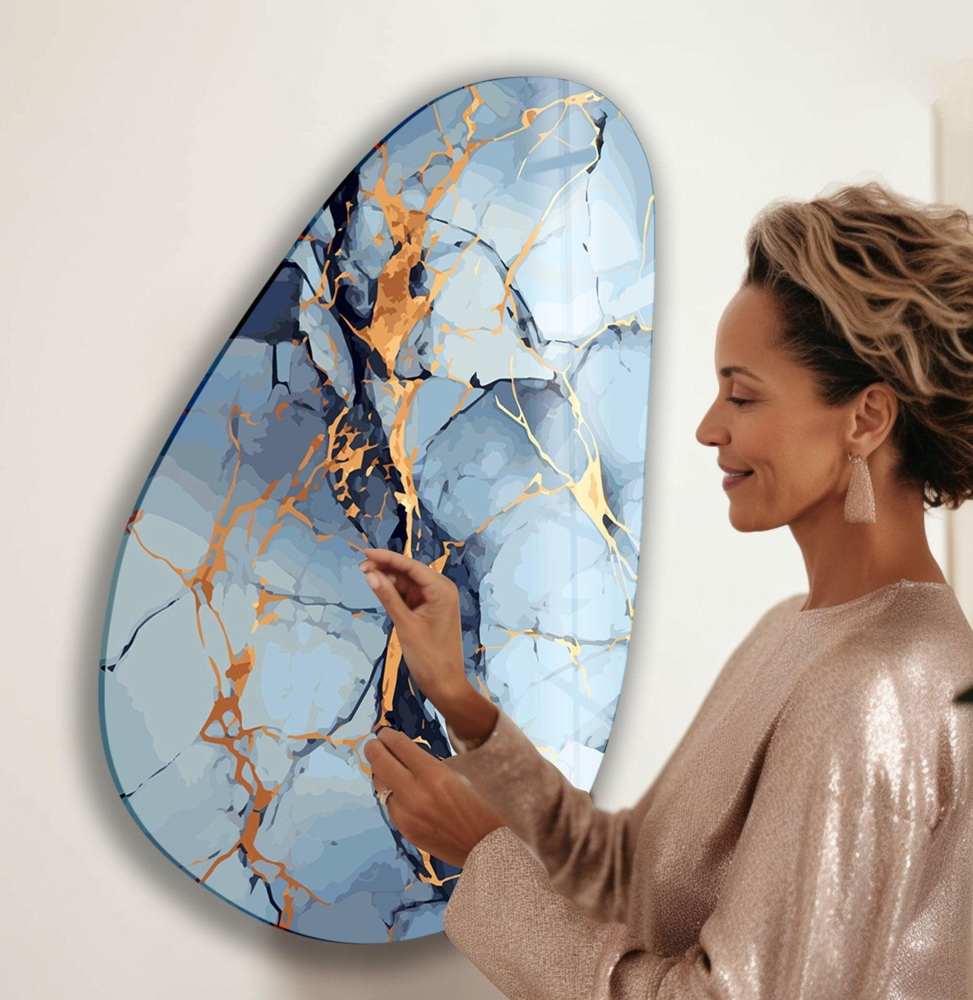 Modern Asymmetrical Oval Light Blue Abstract Glass Wall Art - Handmade Contemporary Decor for Living Room, Bedroom & Office