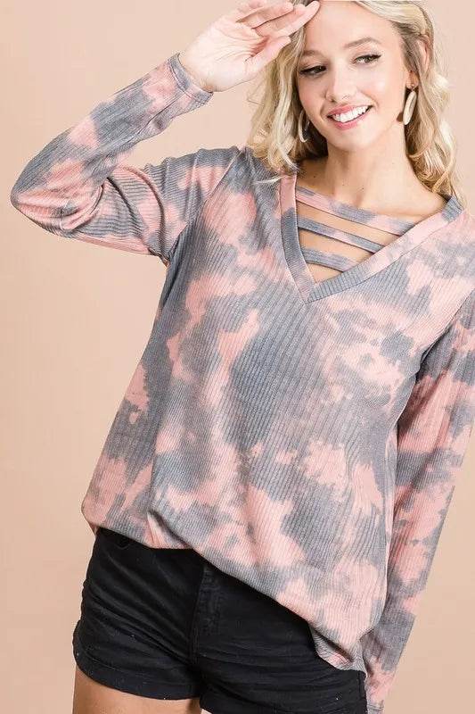 BiBi Variegated Tie Dye Rib V Neck Top with Straps - Stylish Casual Women's T-Shirt for Summer Outings & Beach Vacations