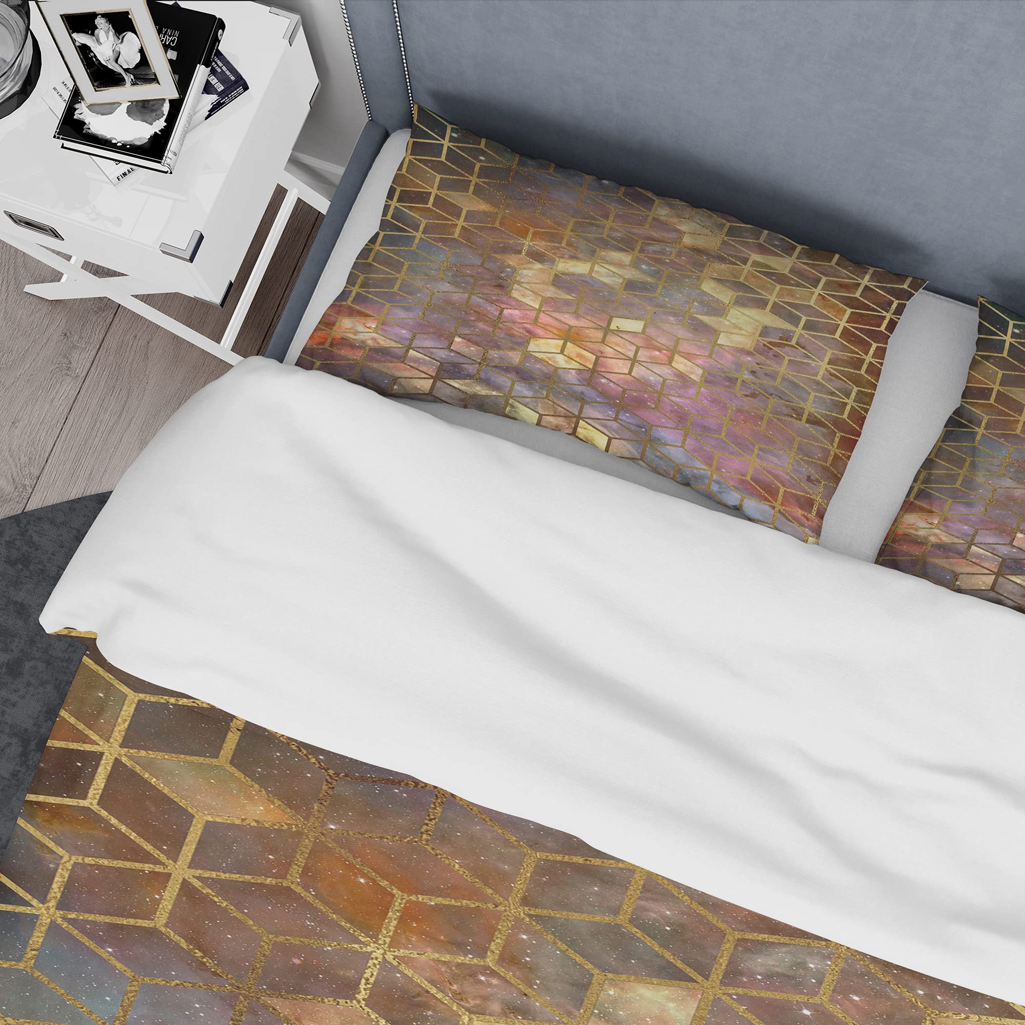 Modern Geometric Duvet Cover Set King - Yellow Cubes on Nebula for Contemporary Bedrooms