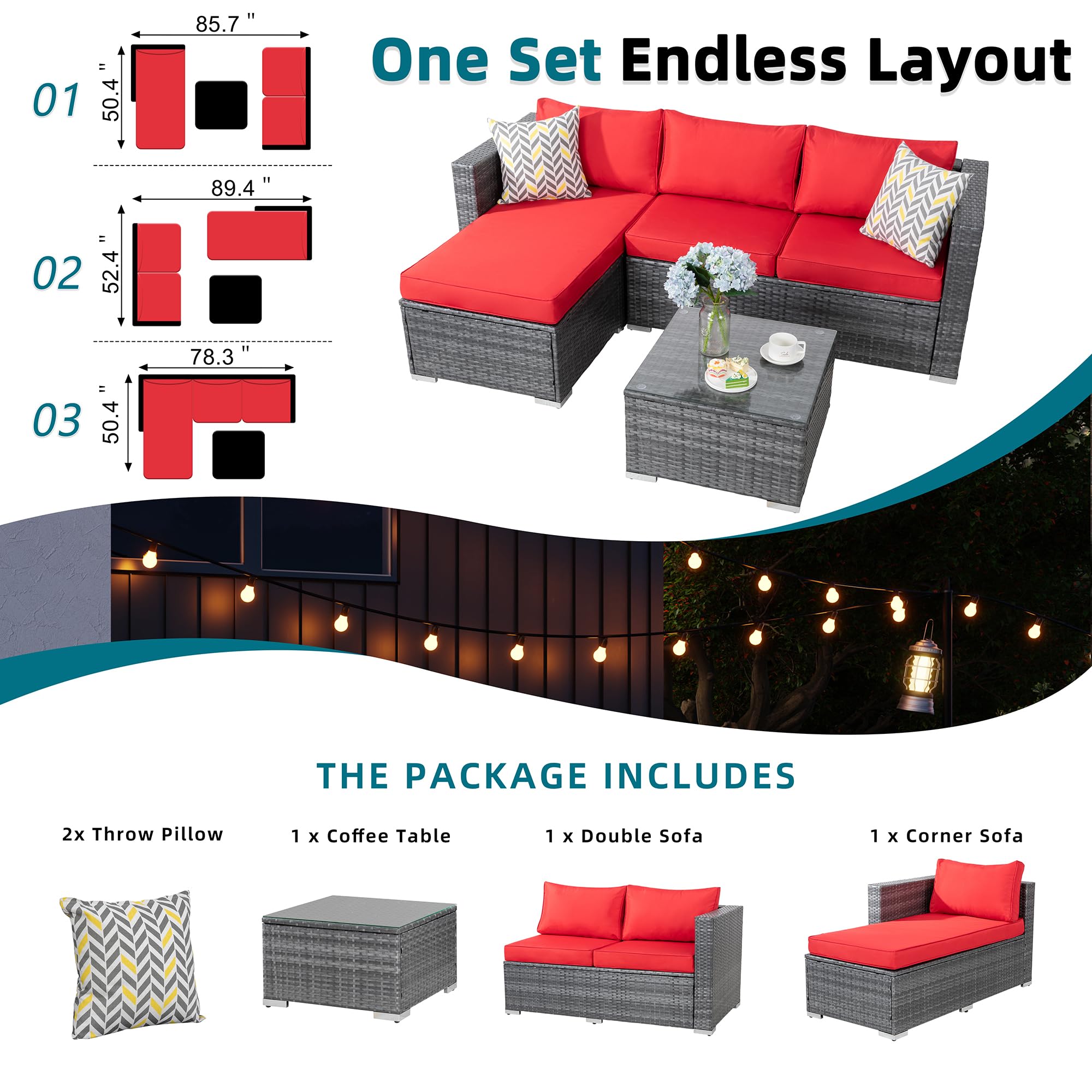 **SUNLEI 3-Piece Outdoor Patio Furniture Set with Cushions, Adjustable PE Rattan Sectional Sofa & Coffee Table - Silver Rattan/Red - Perfect for Garden, Balcony, or Backyard Relaxation**