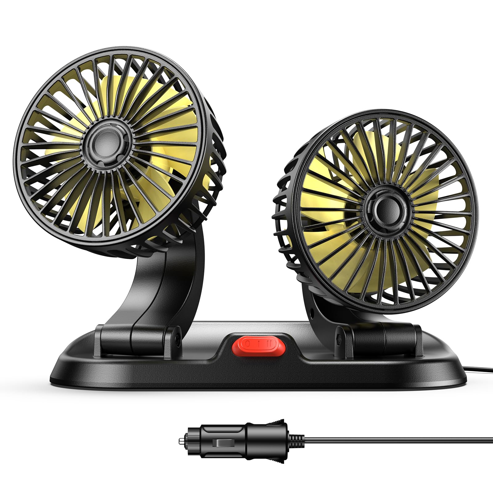 12V Dual Head USB Car Fan - Portable Brushless Cooling Fan for Vehicles with 3 Speeds & 360° Rotation - 2024 Upgraded for SUV, RV, Truck, Sedan, Cruise - Perfect for Road Trips, Camping & Hot Weather Driving (Cigarette Lighter Powered)