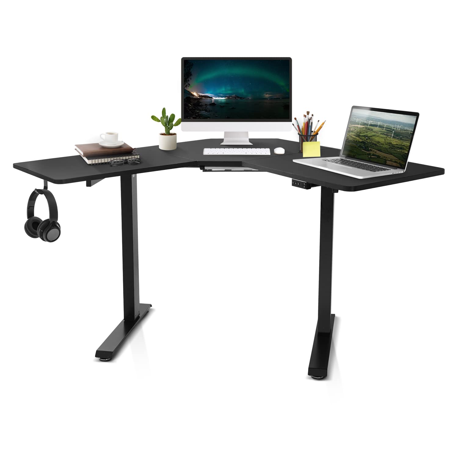 CAPHAUS 48 Inch L-Shaped Electric Standing Desk - Adjustable Height Corner Computer Desk with Memory Control Panel, Black Metal Frame & P2 Grade Desktop - Perfect for Home Office, Gaming & Workspace Setup