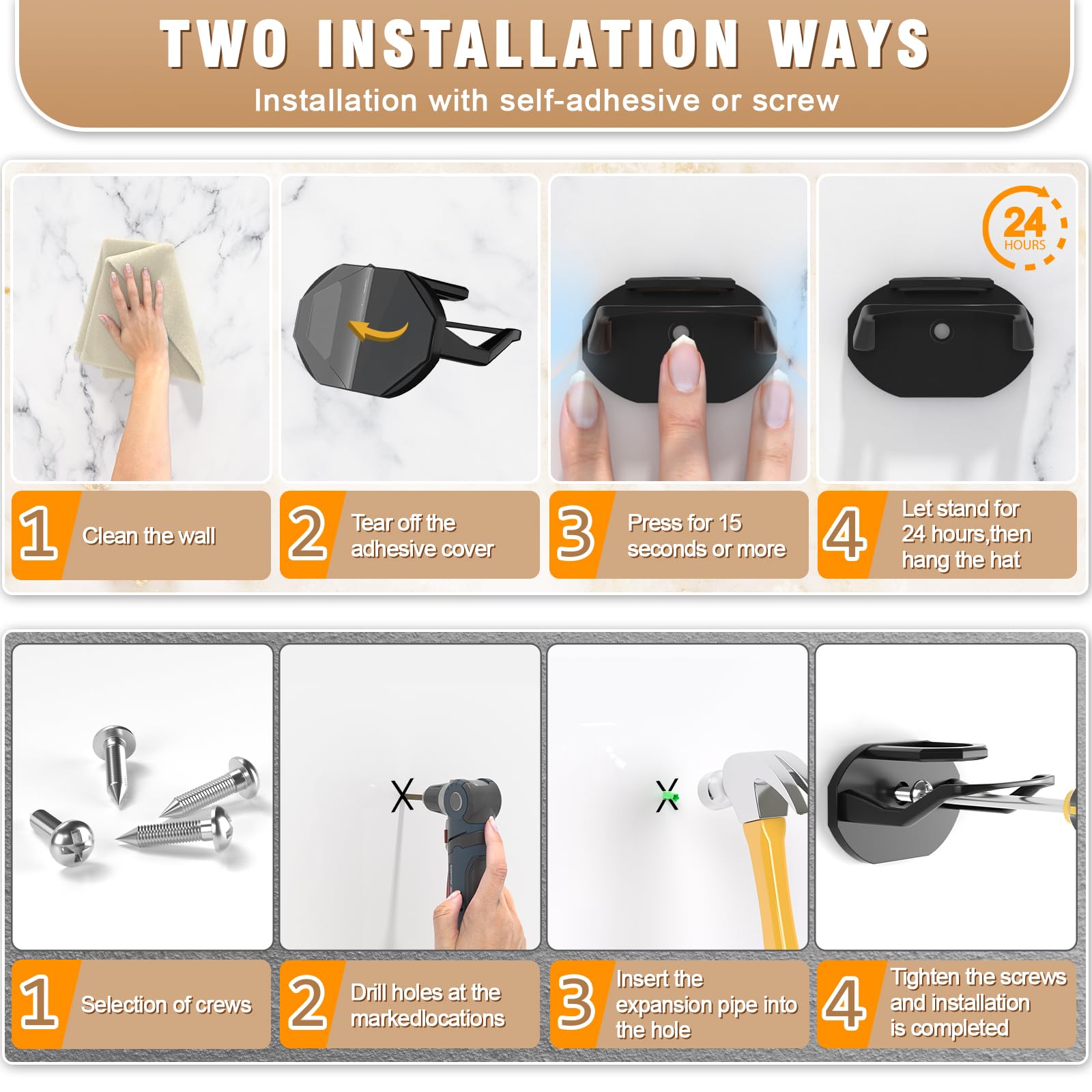 36 Pack Heavy Duty Adhesive Hat Hooks - No Drill Wall Mounted Baseball Cap Organizer Rack for Closet, Door & Home Decor | Super Strong Hat Display Hanger Holder | USA Patented Black Wall Hooks for Caps, Hats & Accessories | Perfect for Bedroom, Garage & Entryway Organization