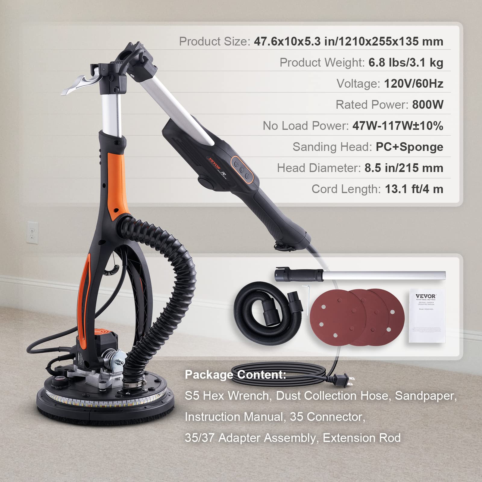 VEVOR 800W Brushless Electric Drywall Sander with Variable Speed 1000-2300 RPM - Foldable Ceiling Sander with LED Lights, Extendable Handle & 12 Sanding Discs - Perfect for Wall Repair, Home Renovation and Professional Construction Projects