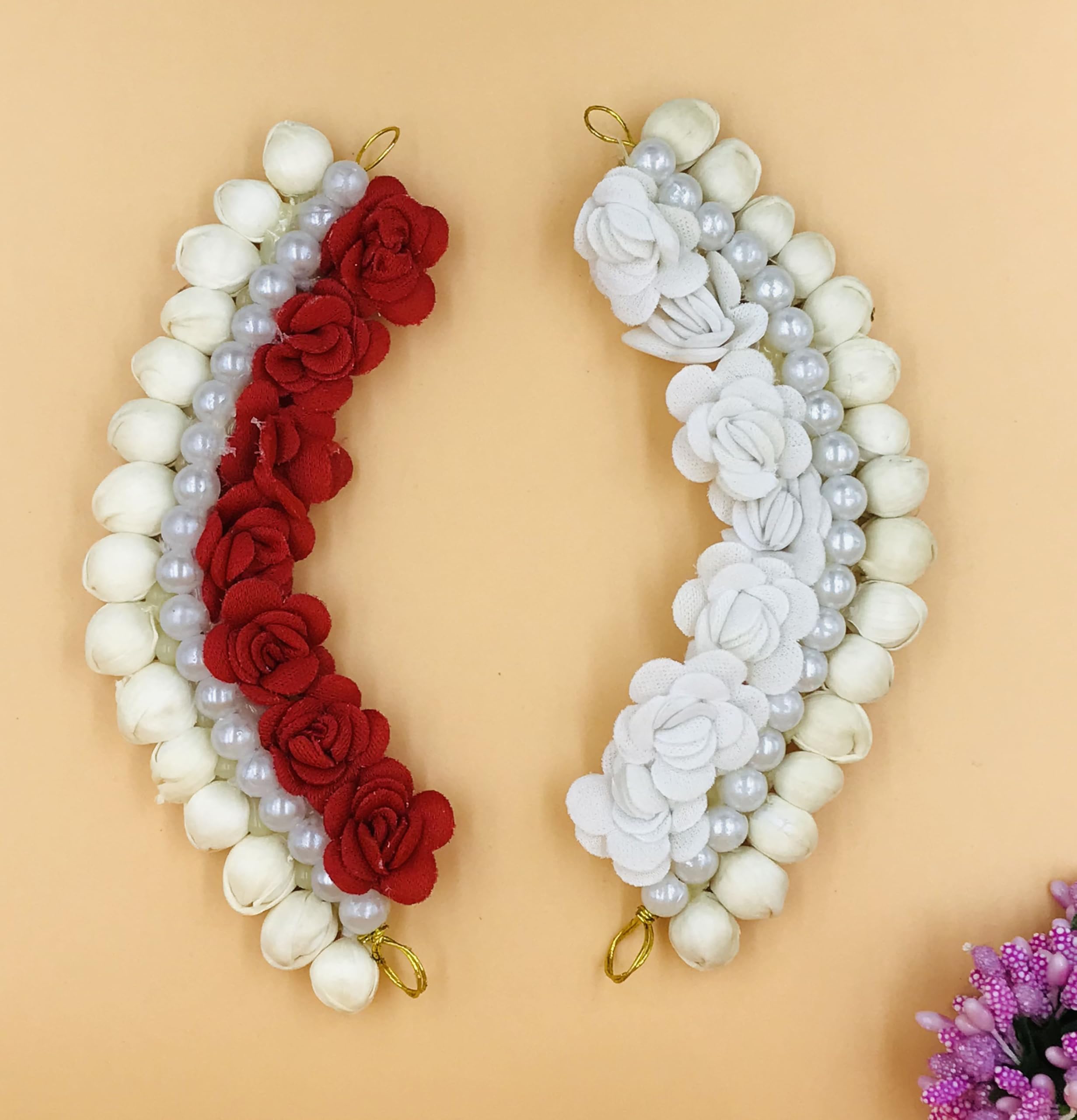 GadinFashion™ Red & White Wedding Hair Bun Gajra - Elegant Bridal Hair Accessory for Women | Perfect for Indian Weddings, Sangeet & Mehendi Ceremonies