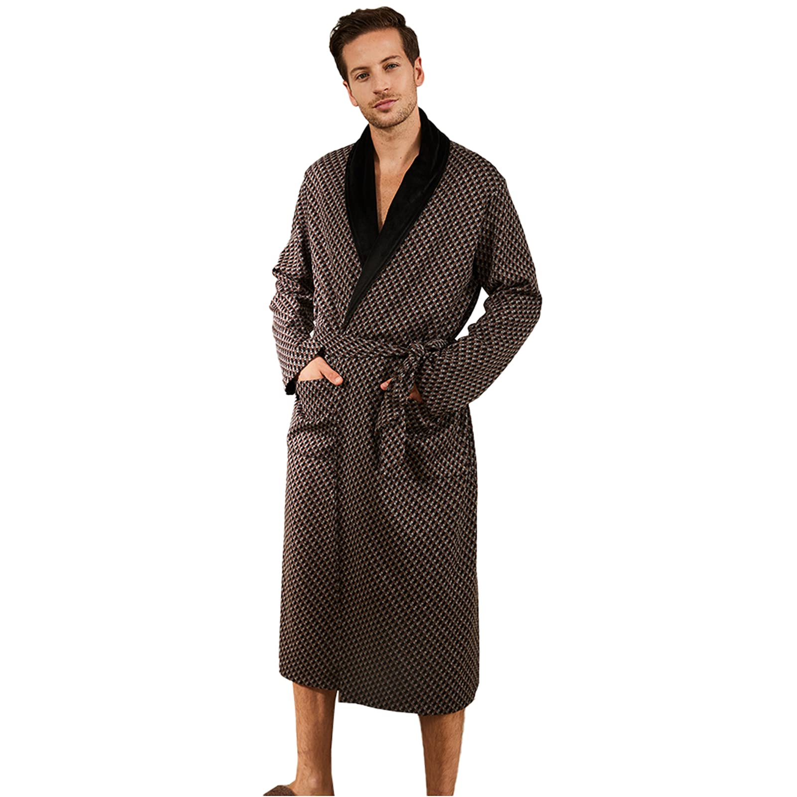 **Men's Warm Velvet Knit Houndstooth Bathrobe - Double-Sided Thickening Soft & Comfortable Nightgown Robe for Autumn & Winter - Perfect for Lounging, Spa Days & Cold Weather Relaxation**