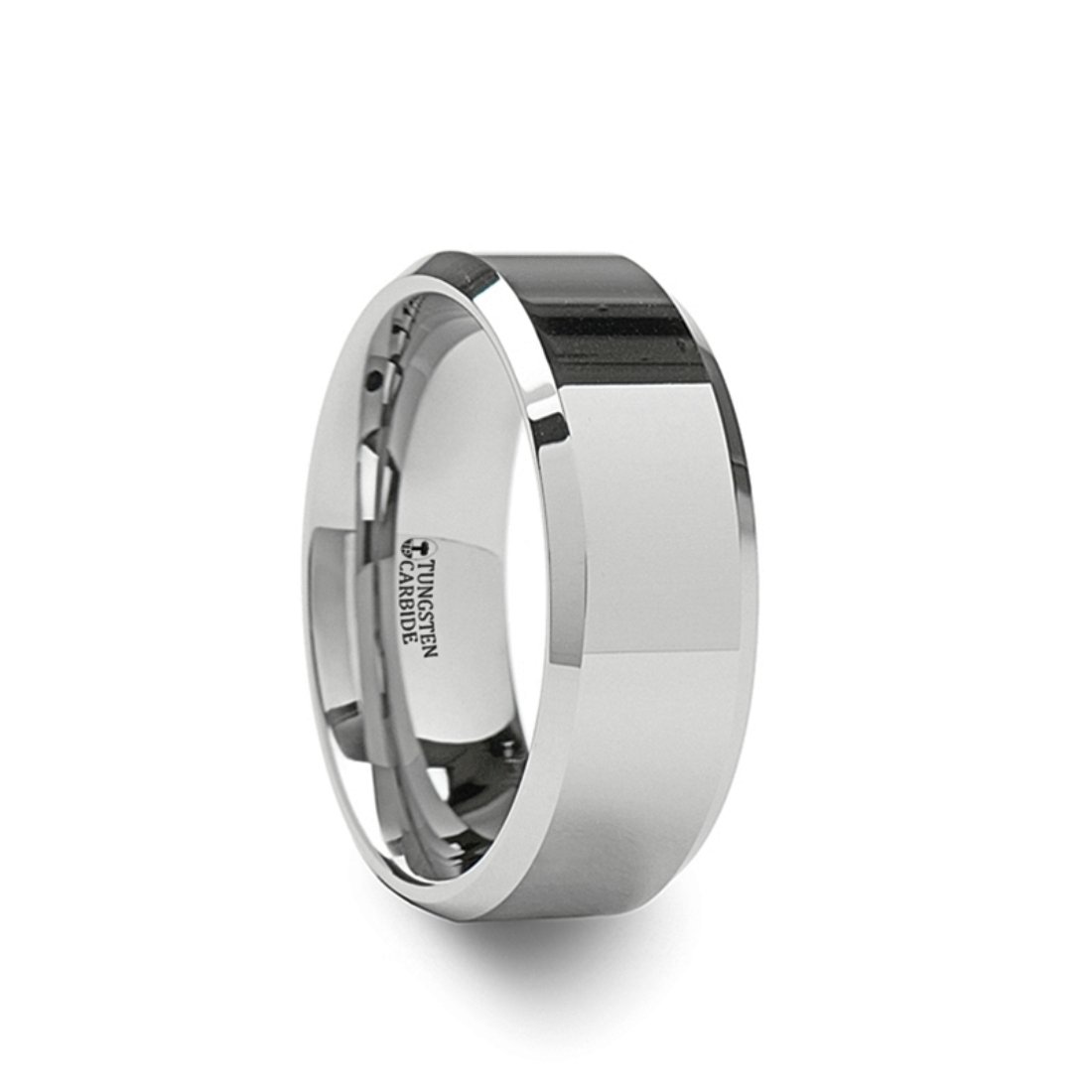 LINCOLN Beveled Edge Flat White Tungsten Carbide Ring - 8mm Wide Wedding Band for Men - Durable & Scratch-Resistant Jewelry for Engagement, Anniversary & Everyday Wear
