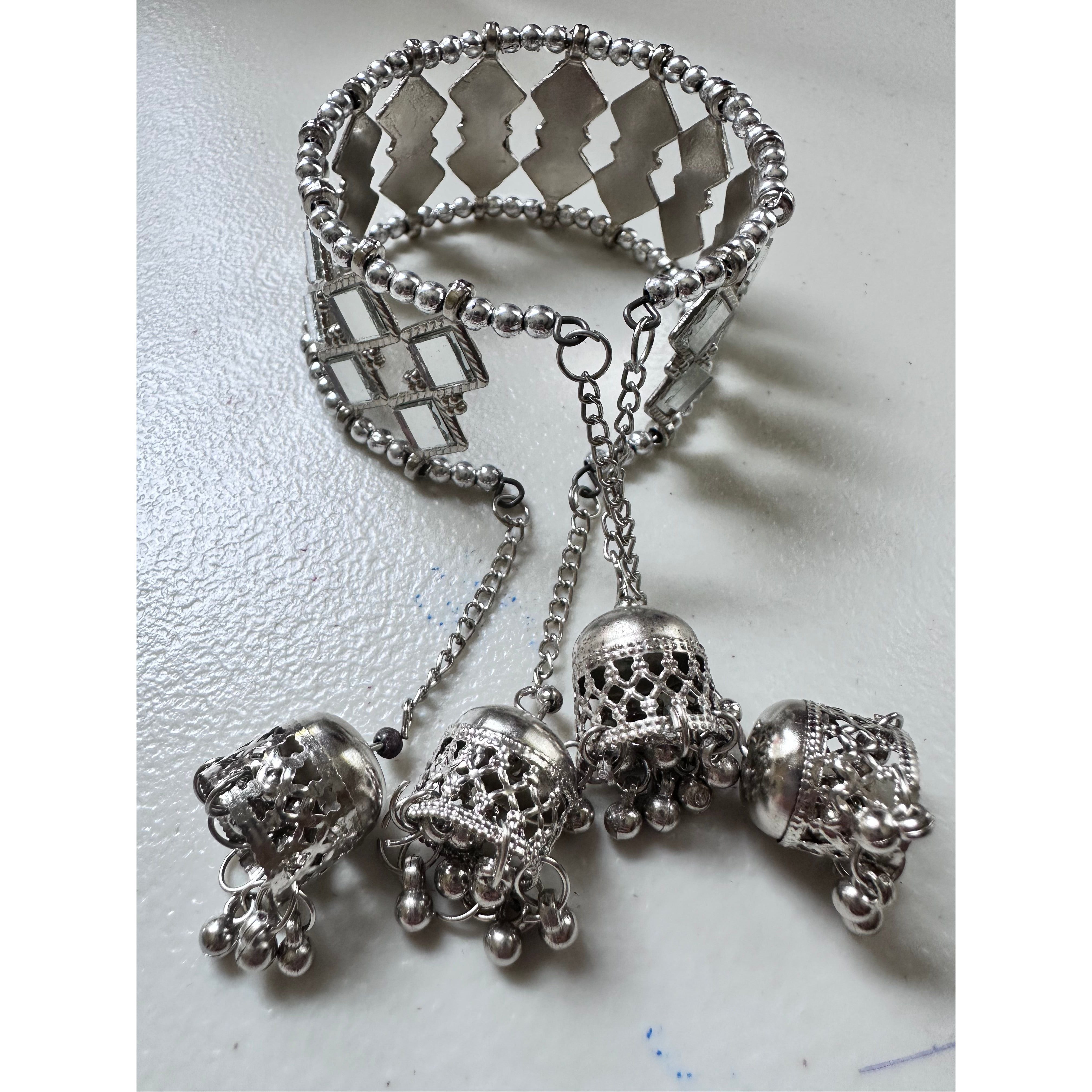 Oxidized Silver Cuff Bracelet with Jhumka Dangles - Boho Ethnic Jewelry for Women, Perfect for Festivals, Weddings & Special Occasions