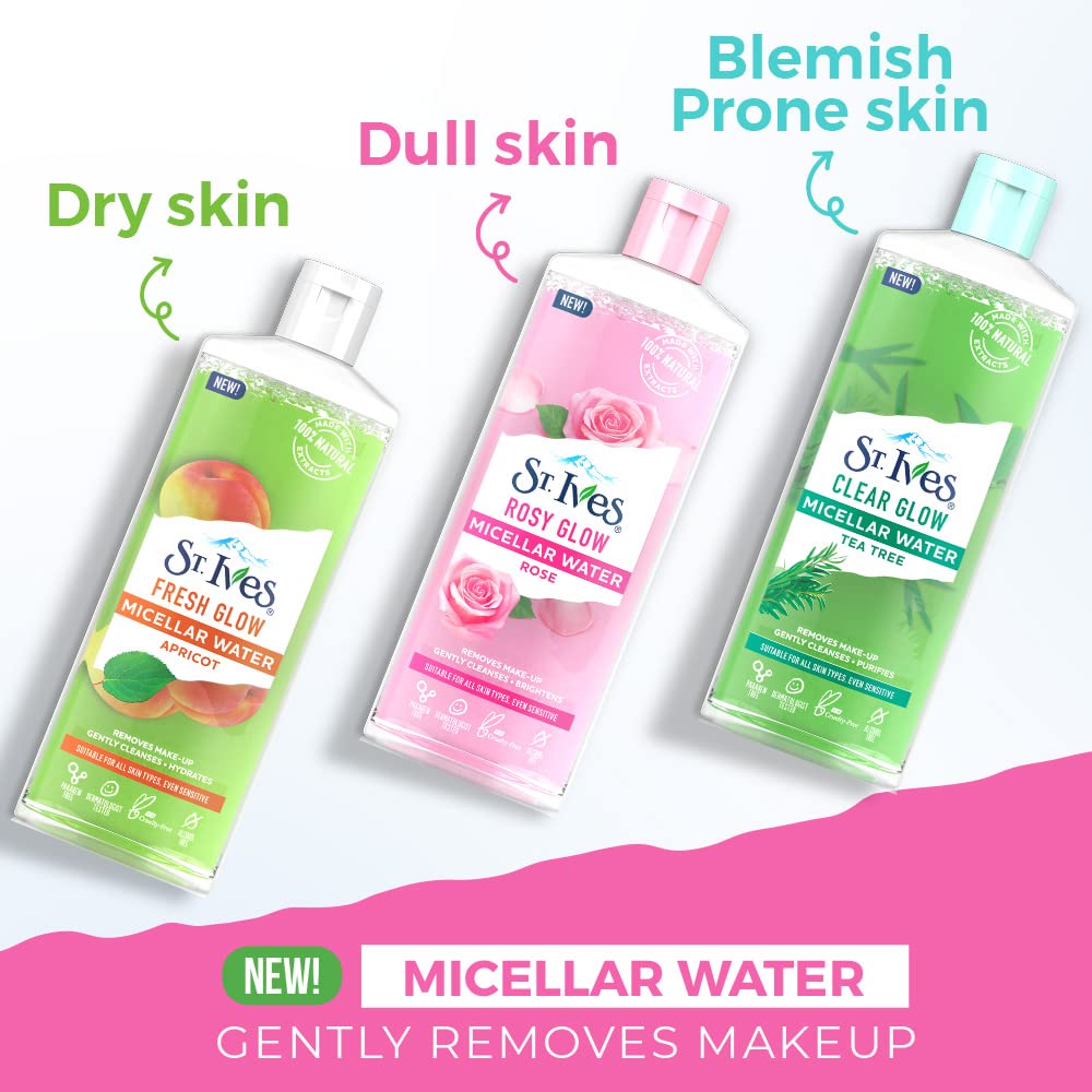 St. Ives Rosy Glow Rose Micellar Water - 100% Natural Extracts, 3-in-1 Cleanser, Toner & Makeup Remover for All Skin Types | Gentle, Paraben-Free, Alcohol-Free & Oil-Free Face Cleansing Water (400ml) | Perfect for Daily Skincare, Makeup Removal & Hydration Routine