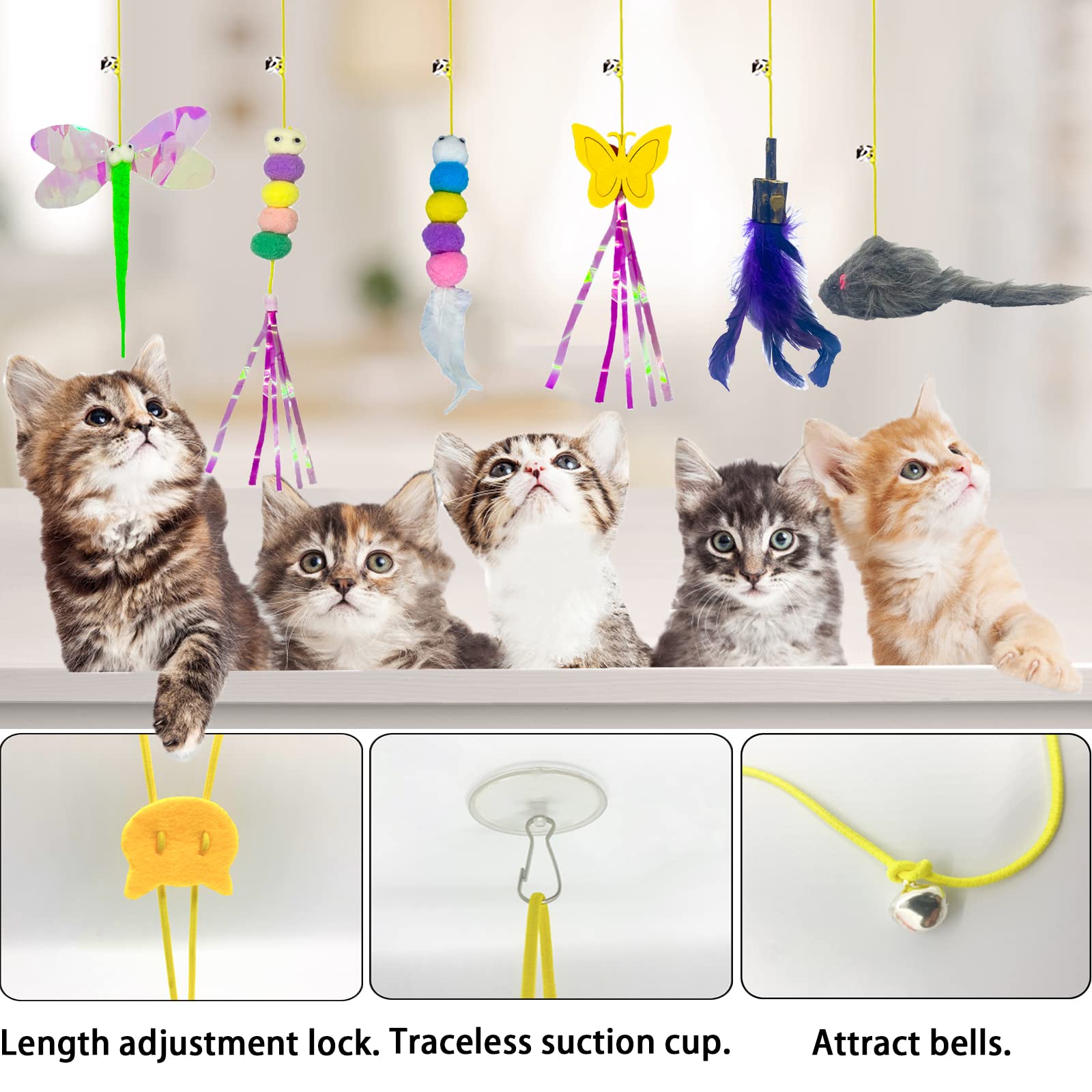 Interactive Cat Toys for Indoor Play - 6 Pack Retractable Hanging Door Feather Toys for Kittens, Fun Exercise & Hunting Chase Games - Perfect for Playtime, Training & Bonding with Your Feline Friend