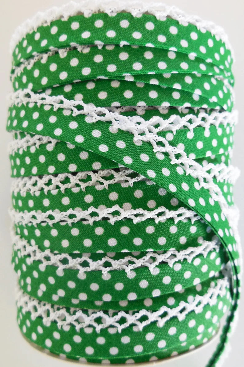 Kelly Green Polka Dot Lace Bias Tape - Double Fold Crochet Edge Trim by the Yard for Sewing, Quilting & DIY Crafts - Perfect for Garments, Home Decor & Scrapbooking