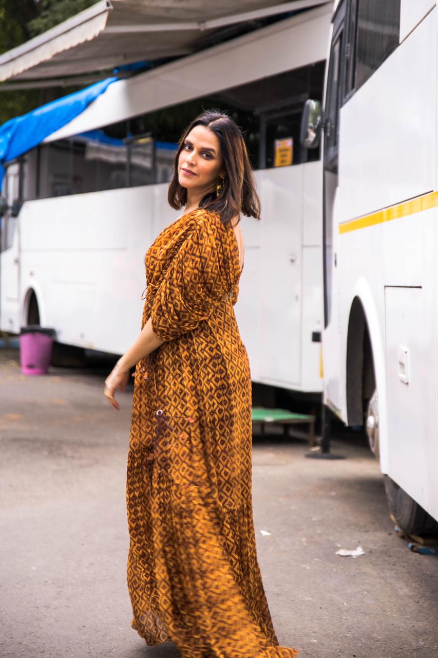Neha Dhupia Women's Ethnic Basket Weave Print Dress with Gold Embroidered Belt - Perfect for Festivals, Weddings & Special Occasions