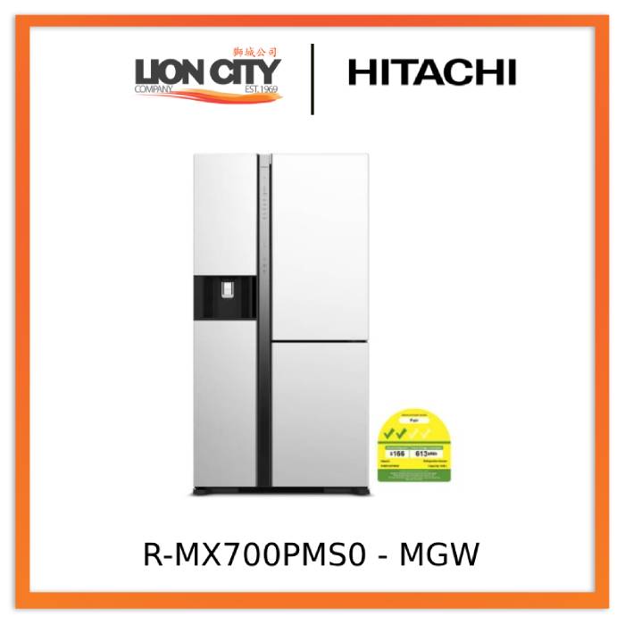 Hitachi R-MX700PMS0 MGW 569L Side by Side Refrigerator - Energy Efficient French Door Fridge with Spacious Interior for Large Families & Entertaining