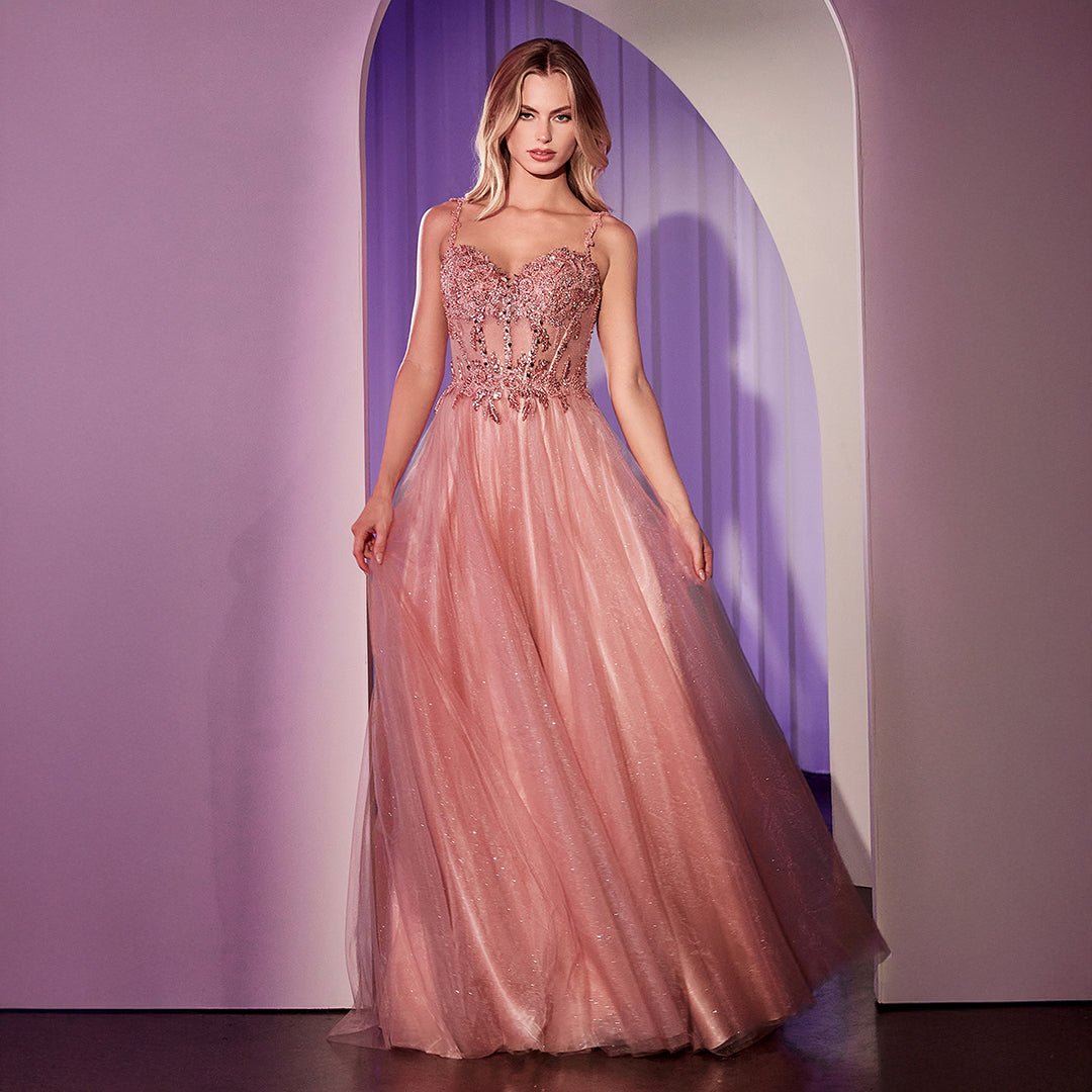 Ladivine by Cinderella Divine Rose Gold Applique Sleeveless A-Line Slit Prom Dress - Elegant Evening Gown for Homecoming, Pageant, and Formal Events