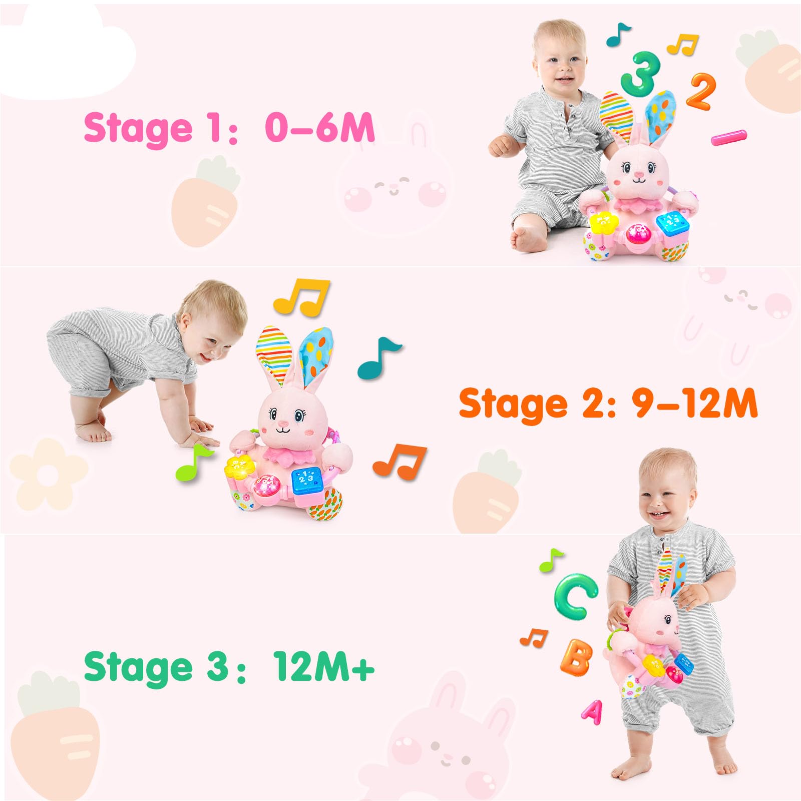 Bilingual Musical Rabbit Plush Toy - Light-Up, Crinkle & Melodies for Baby Early Learning | Soft Stuffed Animal for Tummy Time & Sensory Play | Perfect Gift for Infants 0-12 Months (Pink) - Ideal for Nursery, Playtime & Developmental Milestones
