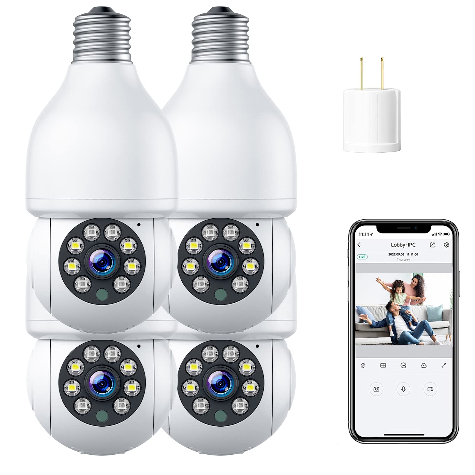 4PCS Wireless Security Camera, 2.4GHz WiFi Light Bulb Camera for Home Security - 1080P Outdoor Surveillance with Color Night Vision, Motion Detection Alarm & Two-Way Audio | Works with Alexa | Ideal for Indoor/Outdoor Monitoring, Baby/Pet Watching & Property Protection