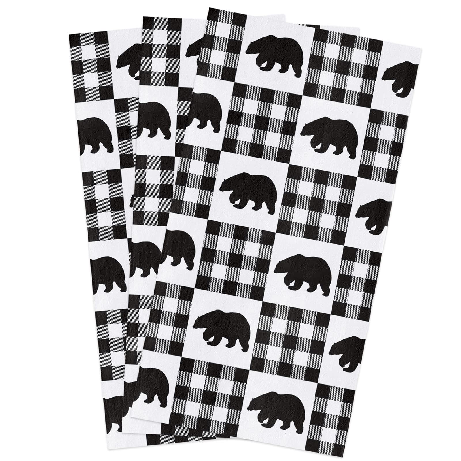 Zadaling Soft Cotton Kitchen Towels Set of 3 - 16x28 Inches Black White Buffalo Plaid Polar Bear Design - Absorbent Dish Cloths, Tea Towels & Hand Towels for Kitchen, Bar, Restaurant & Home Use