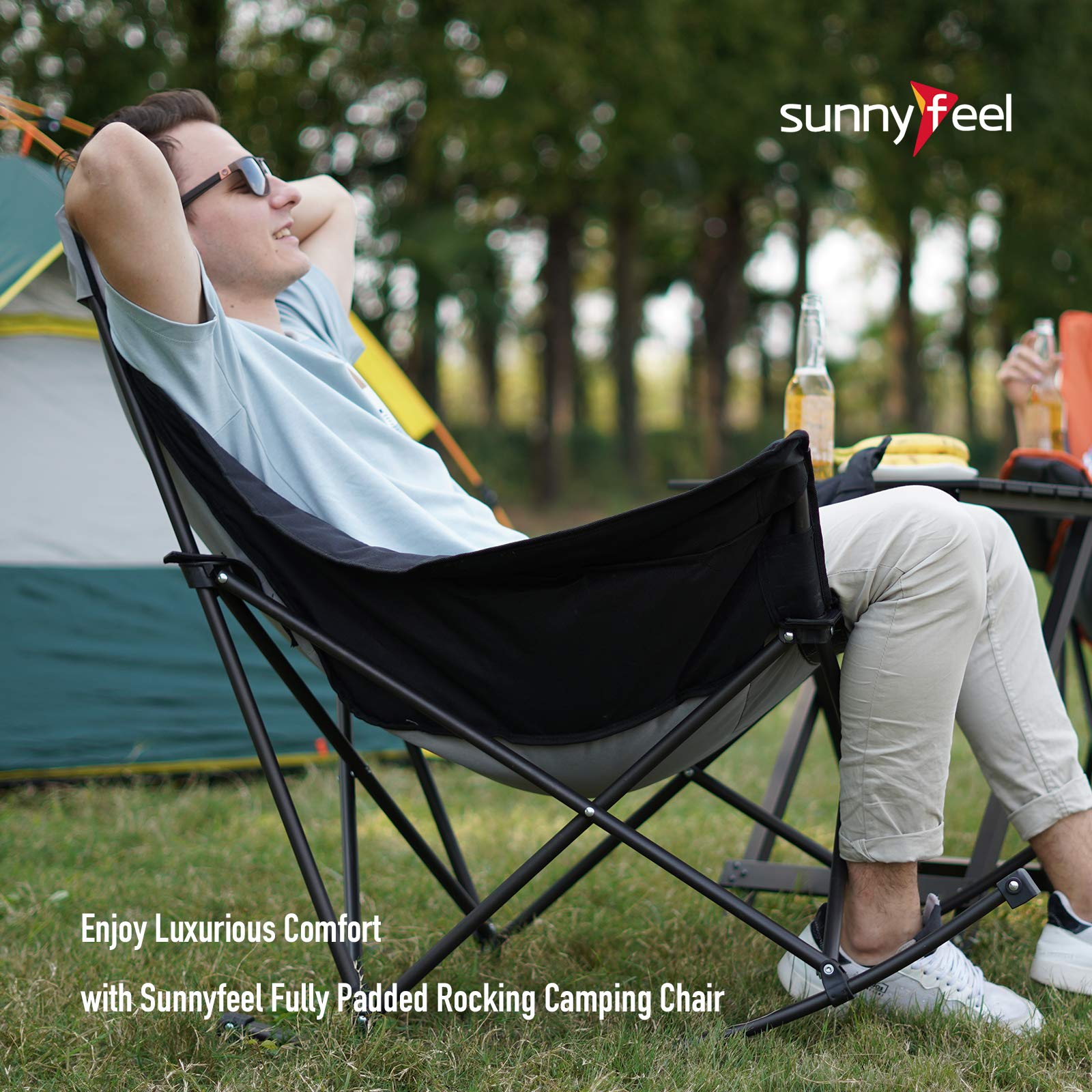 **SUNNYFEEL Oversized Rocking Camping Chair - Heavy Duty Padded Recliner with Pocket & Carry Bag - Portable Folding Lawn Chair for Outdoor, Picnic, Lounge, Patio - Perfect for Camping, Beach, Backyard Relaxation**