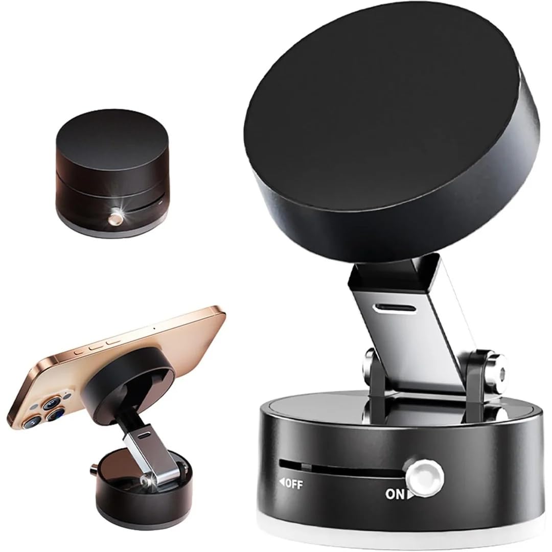 Magnetic Car Phone Holder with Strong Vacuum Suction - Adjustable Double-Sided Mount for iPhone, Samsung & Smartphones - Perfect for Driving, Commuting & Hands-Free Navigation (Black)
