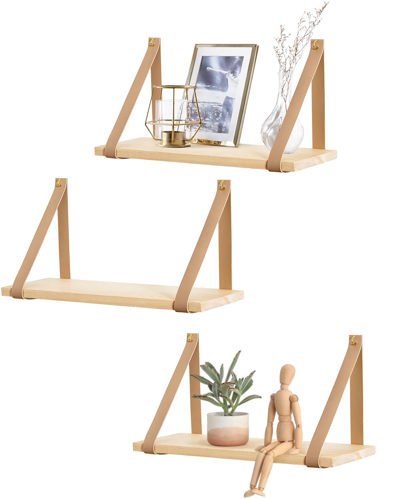 Mkono Wooden Floating Wall Shelf with Leather Straps - Set of 3 Hanging Storage Shelves for Nursery, Bedroom, Living Room, Bathroom & Dorm - Perfect for Organizing Books, Plants, Decor & Small Essentials