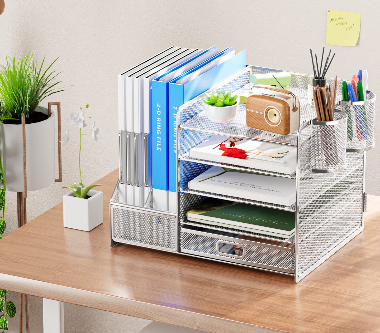5-Tier Mesh Desk Organizer with File Holder, Drawer & Pen Holders - Silver Office Storage Solution for Paper, Magazines & Supplies | Perfect for Home Office, Workspace & School Organization