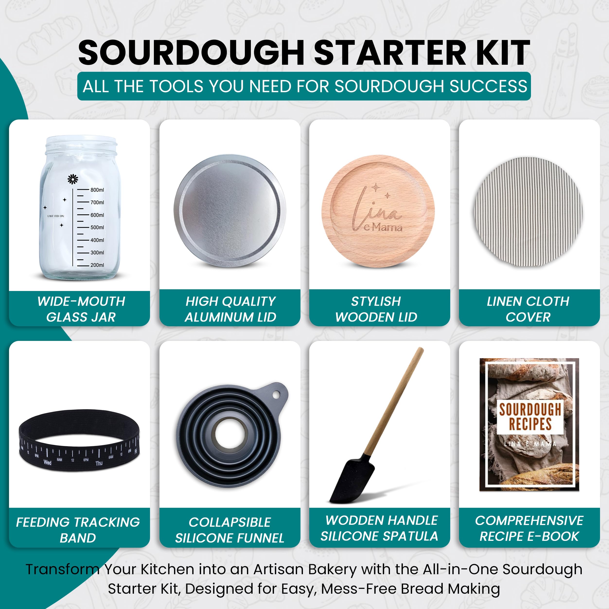 34 Oz Sourdough Starter Jar with Wooden & Aluminum Lid - Complete Sourdough Starter Kit Includes Spatula & Funnel - Wide Mouth Glass Jar for Homemade Bread Baking - Perfect for Beginners & Professional Bakers - Ideal for Kitchen, Gifts & Artisan Bread Making