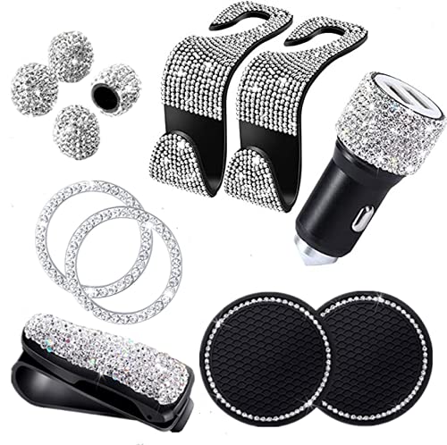 12-Piece Silver Rhinestone Car Accessories for Women - Bling Car Hooks & Cup Holders - Car Interior Decorations - Perfect for Gifts, Party Decor & Vehicle Customization