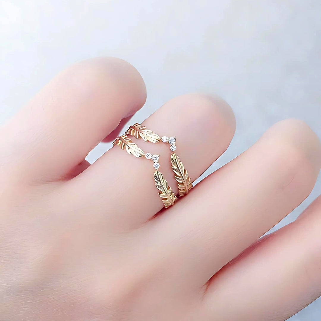 Dainty Gold Zircon Feather Leaf Ring for Women - Elegant 14K Gold Plated Leaf Design Ring with Cubic Zirconia Stones - Perfect for Weddings, Parties & Everyday Wear | TB572