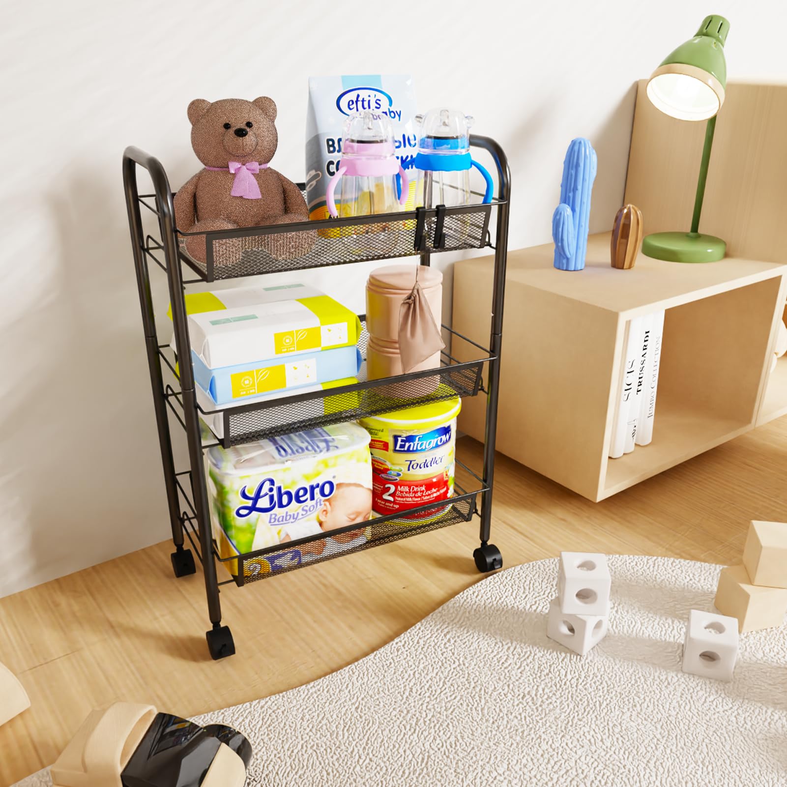 WELDUN 3-Tier Rolling Kitchen Cart with Metal Shelves & Handle - Mobile Storage Organizer for Kitchen, Bathroom, Bedroom & Office (Black) | Perfect for Small Space Organization & Home Storage Solutions