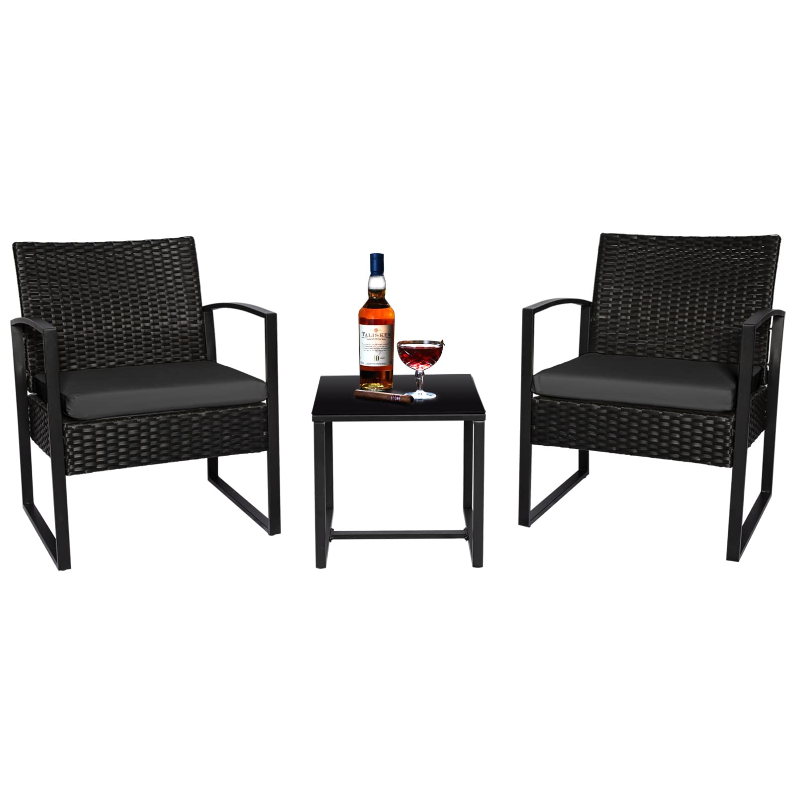 3-Piece PE Rattan Outdoor Patio Furniture Set - Modern Wicker Bistro Table & Chairs with Black Cushions for Front Porch, Balcony, Garden - Perfect for Small Spaces, Coffee Breaks & Relaxing Outdoors