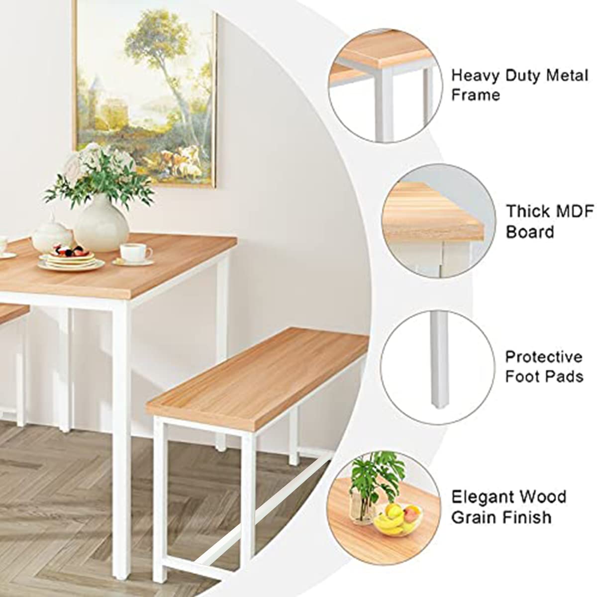 AWQM 3-Piece Dining Table Set with 2 Benches - Metal Frame & MDF Board Kitchen Table for 4 People - Perfect for Home, Breakfast Nook, Farmhouse, or Small Space Dining | Compact Dining Solution for Apartments, Kitchens & Cozy Cafes