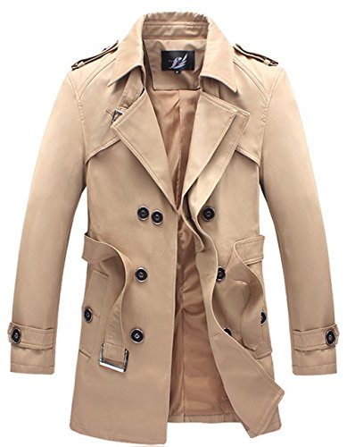 Free2mys Men's Belted Plus Size Trench Coat - Waterproof Khaki Overcoat for Big & Tall (US Large/Asia 3XL) - Perfect for Office, Travel & Fall Outerwear