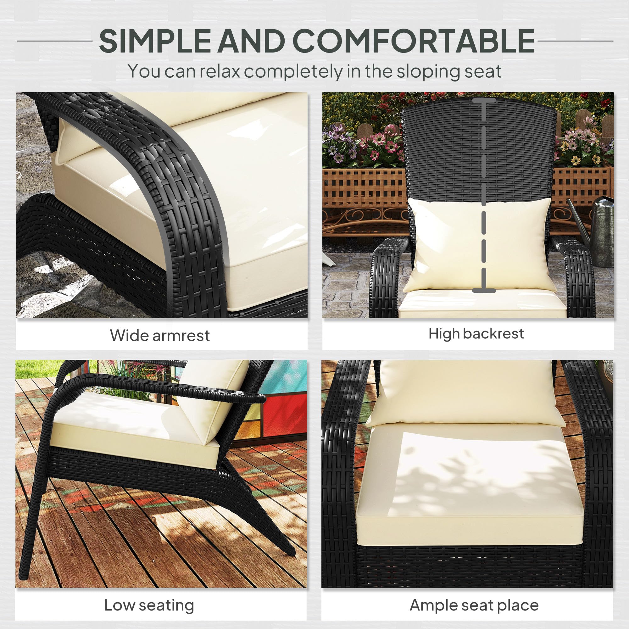 Outsunny All-Weather Wicker Adirondack Chair with Cushions - Patio Fire Pit Lounge Chair with Curved Backrest & Armrests for Deck, Garden, Poolside - Cream White Outdoor Furniture for Relaxation