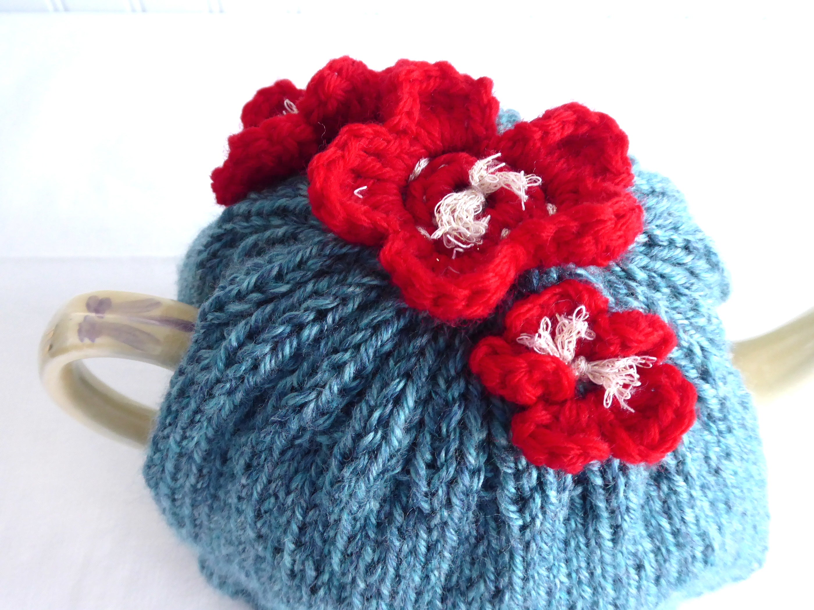 Hand Knitted Medium Stretchy Tea Cozy - Applied Flowers Teal Heather - US Artisan Made - Perfect for English Tea Parties & Cozy Afternoons