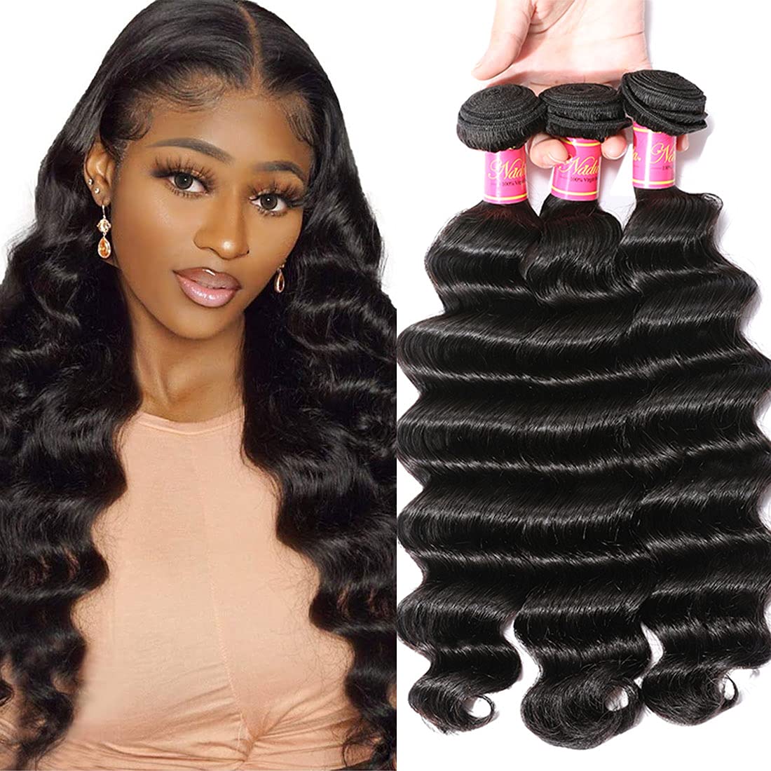 Nadula 8A Brazilian Loose Deep Wave Hair Bundles - 100% Unprocessed Virgin Human Hair Weave (18 20 22 Inches) for Natural Look | Perfect for Wigs, Extensions & Styling