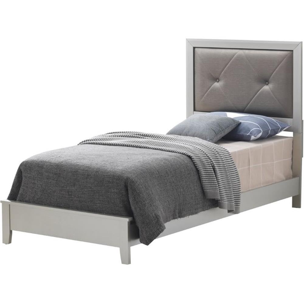 Glory Furniture Primo Twin Panel Bed in Silver Champagne - Modern Platform Bed Frame with Upholstered Headboard - Perfect for Guest Rooms, Kids Rooms & Small Spaces