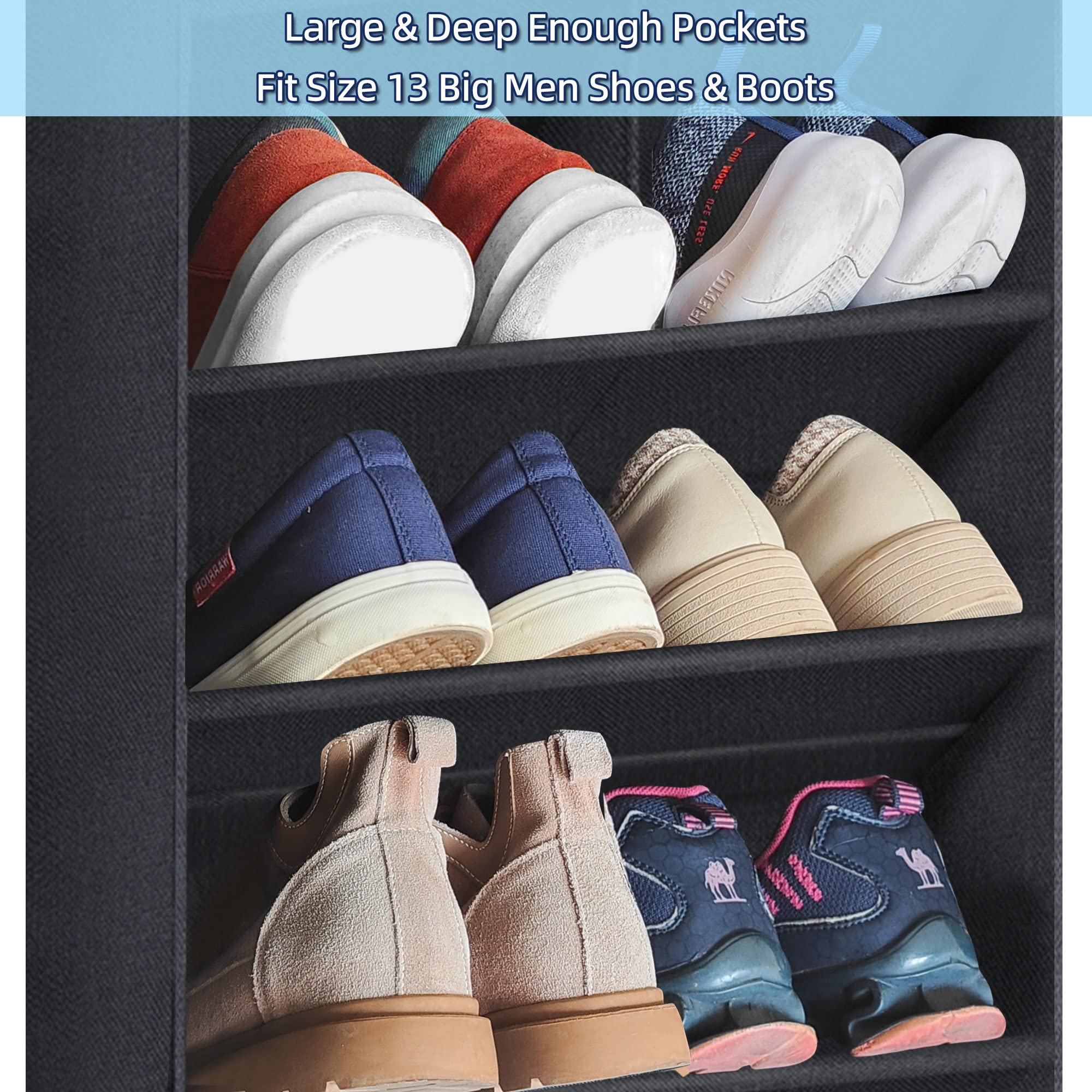 Over The Door Shoe Organizer - 2 Pack Hanging Shoe Rack with Large Deep Pockets for Closet, Dorm & Narrow Doors | Space Saving Black Shoe Holder for Sneakers, Boots & Sandals | Perfect for Bedroom, Entryway & Small Spaces