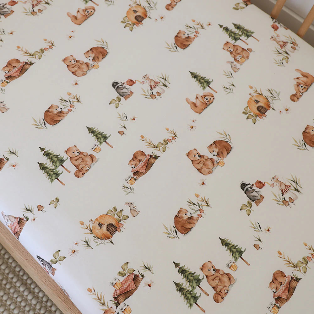Organic Fitted Jersey Cotton Crib Sheet - Snuggle Hunny Bear Design | Soft, Breathable & Hypoallergenic Baby Bedding for Nursery, Daycare & Travel