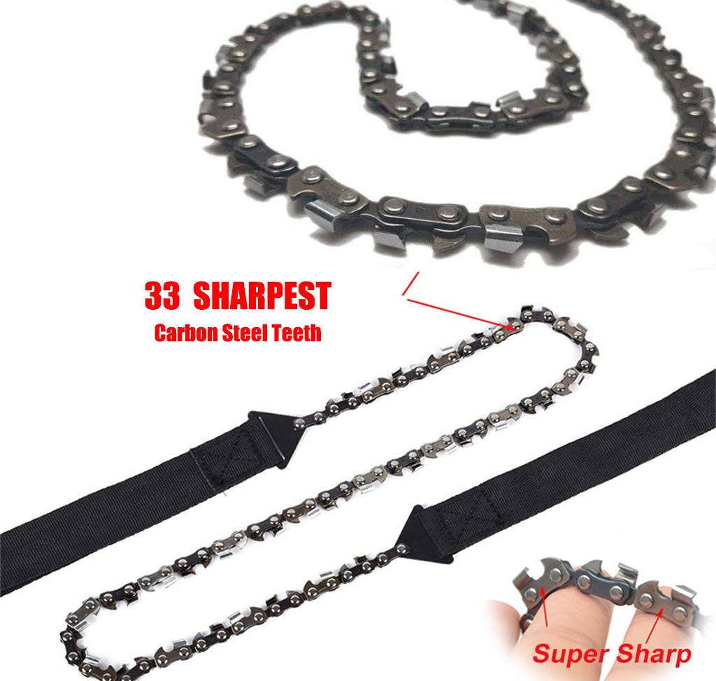 33 Teeth Pocket Chainsaw - 3X Faster Emergency Outdoor Survival Gear with Fire Starter & Carry Pouch | Folding Chain Hand Saw for Camping, Tree Cutting, Hiking, Backpacking | Perfect for Wilderness Survival, Bushcraft & Emergency Preparedness (Black Handle, 25inch, 33 Teeth)