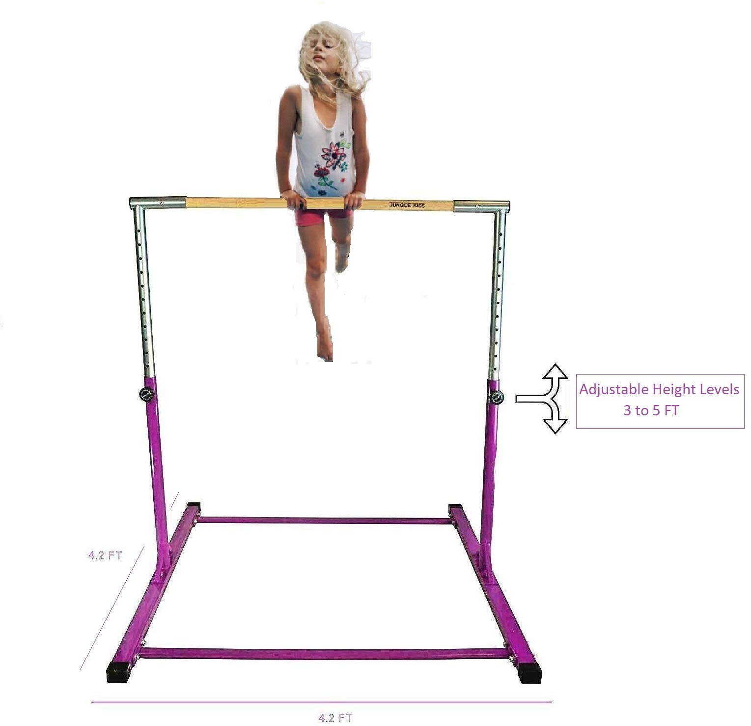 Professional Adjustable Kip Bar Jungle Gym - 3 to 5 FT Height Expandable Horizontal Gymnastics Bar for Junior Training (Purple) - Perfect for Home Gyms, Backyard Play & Kids Fitness Development