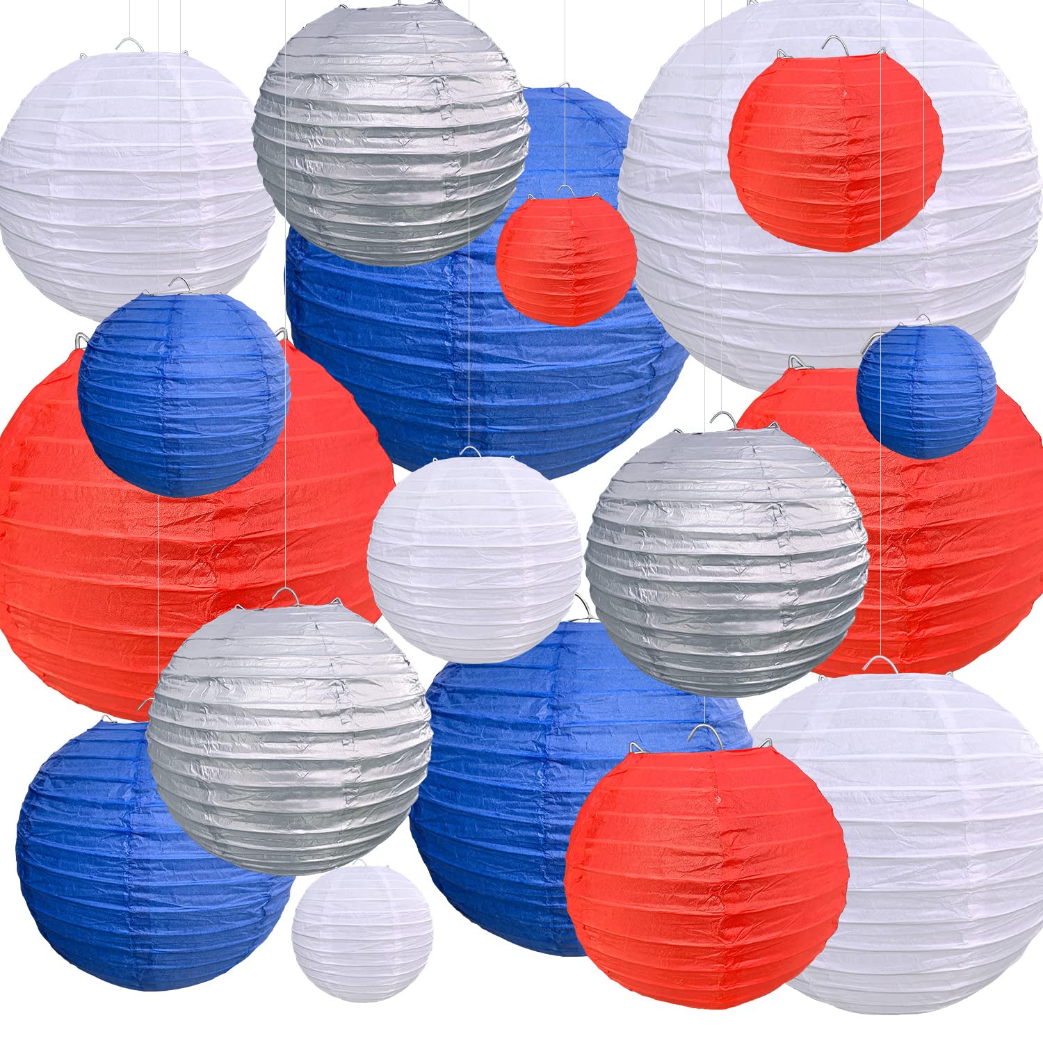 18 Pcs Red White Blue Silver Paper Lantern Set - Hanging Party Decorations for 4th of July, Independence Day, Veterans Day, Birthday, Wedding & Graduation - Perfect for Indoor/Outdoor Patriotic Celebrations & Festive Events