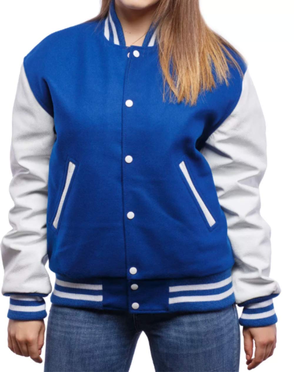 Royal Blue & White Leather Women's Varsity Jacket - Baseball Letterman Bomber School Jacket with Wool Body | Perfect for College, Sports Events & Casual Streetwear