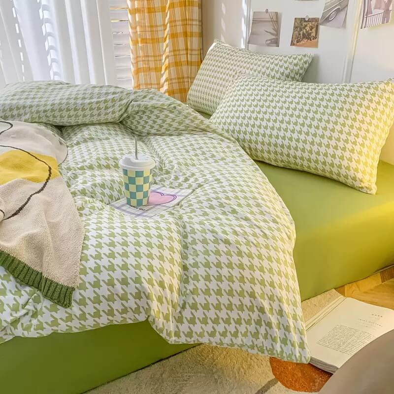 Stylish Dogtooth Check Korean Bedding Set 2.0 - Queen Size Luxury Bed Sheet Set for Modern Bedroom Decor | Perfect for Cozy Nights & Guest Room Styling