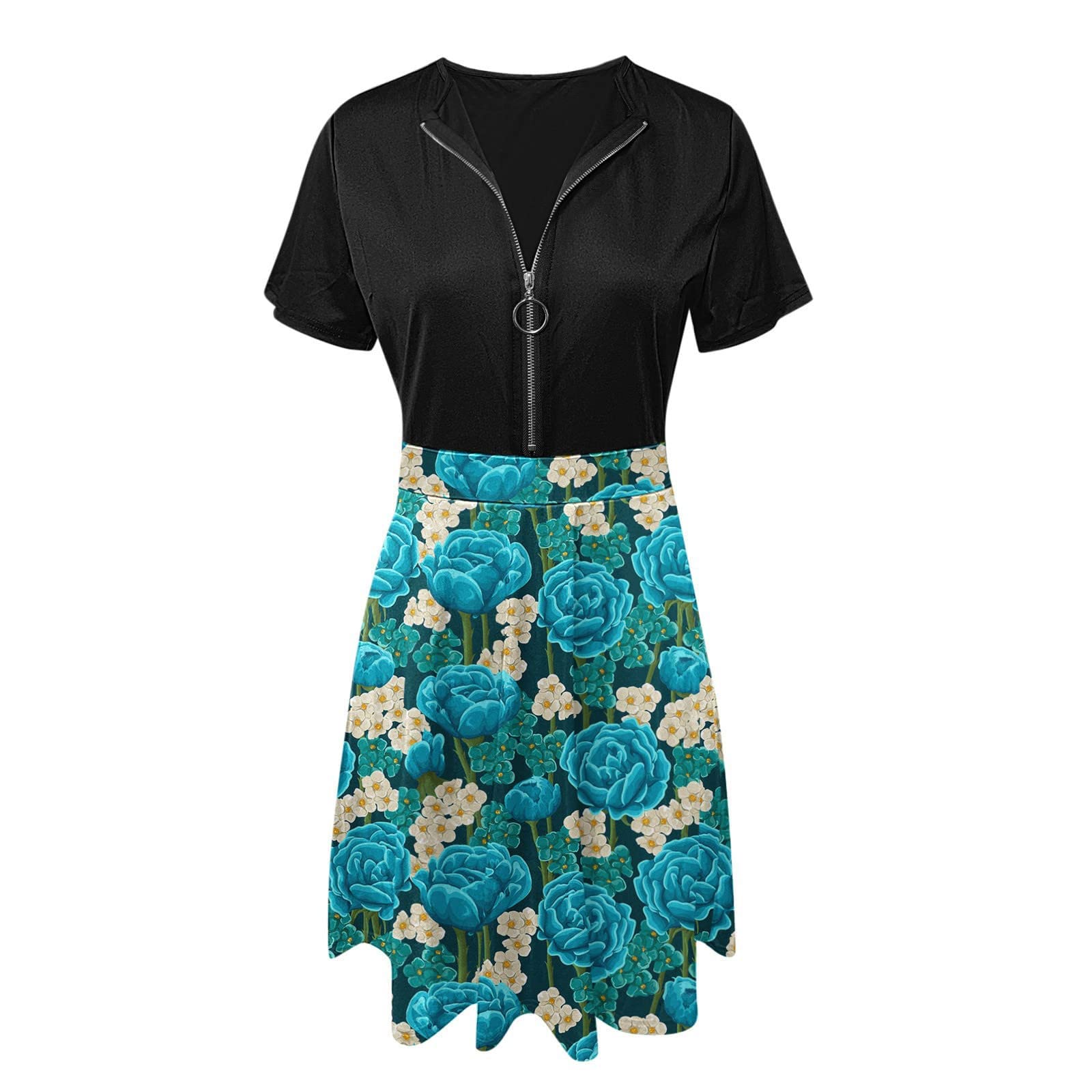 Women's Midi Summer Dresses - Fashion Crewneck Short Sleeve Zipper Swing Party Dress | Elegant & Classy Design for Casual Outings, Beach Vacations & Special Occasions