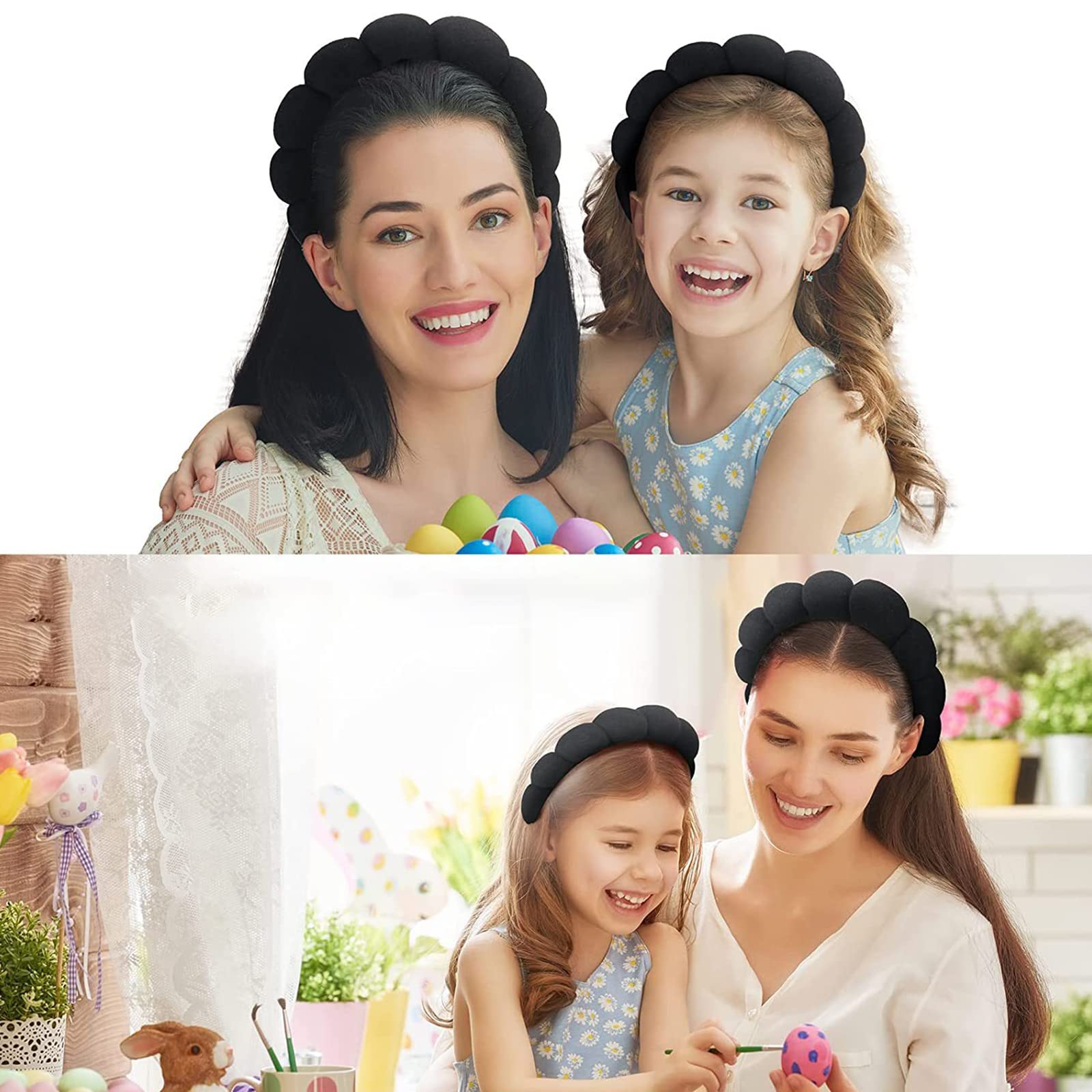 Puffy Spa Headband for Women - Soft Makeup & Skincare for Shower & Yoga (Black)