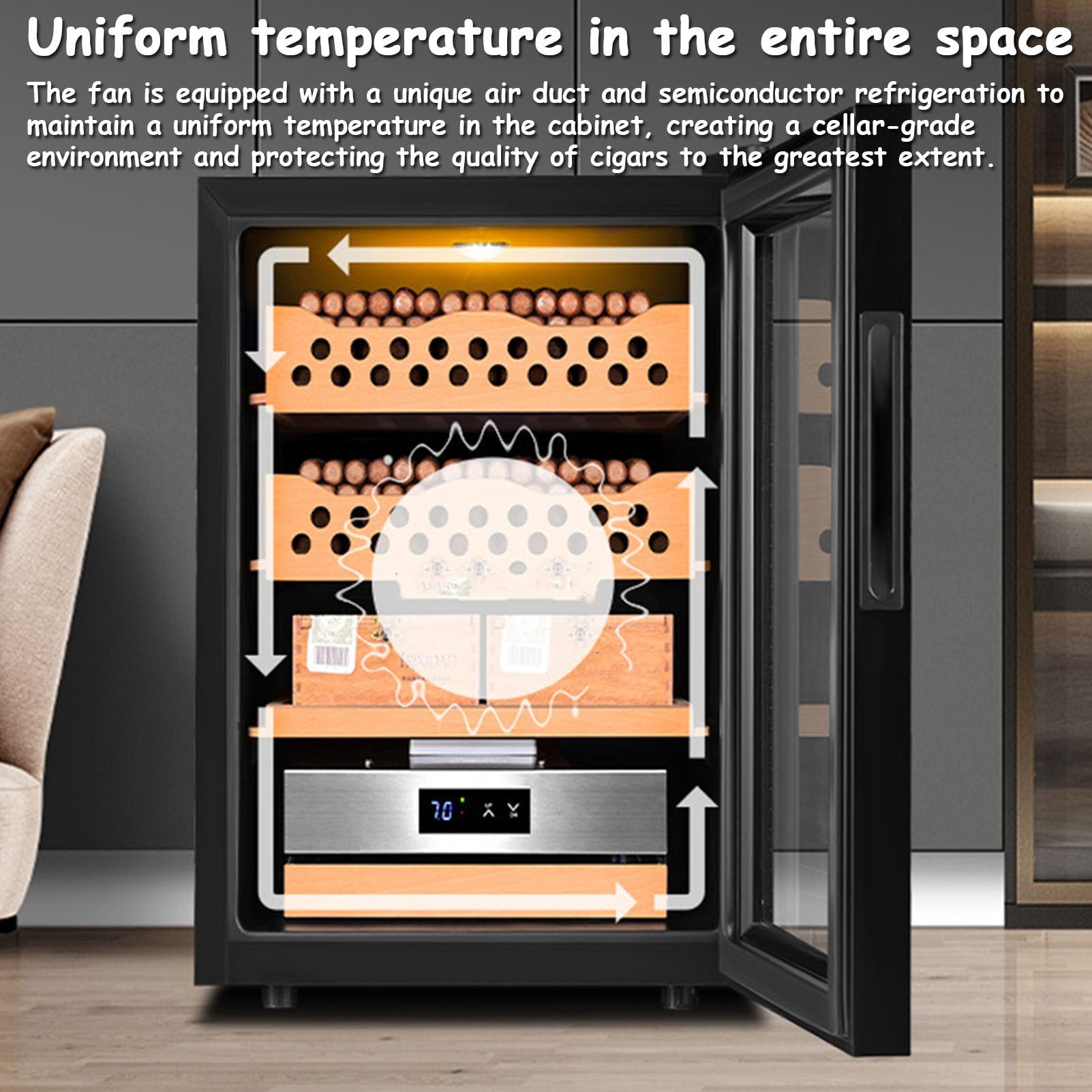 50L Electric Cigar Humidor Cabinet - Holds 200 Cigars & 4 Bottles - Spanish Cedar Wood Shelves - Cooling System - Perfect for Home, Office, or Cigar Lounge Storage